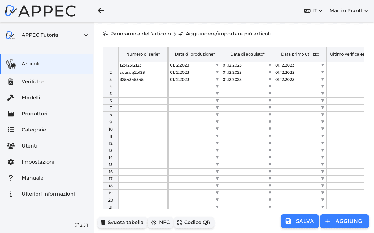 APPEC Aggiungere importare più articoli