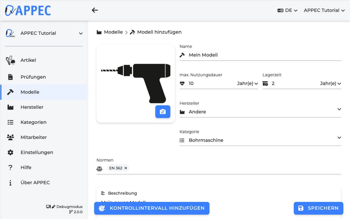 appec anleitung modell anlegen