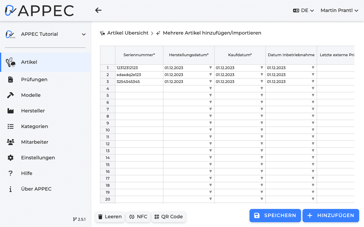 APPEC Mehrere Artikel hinzufügen importieren