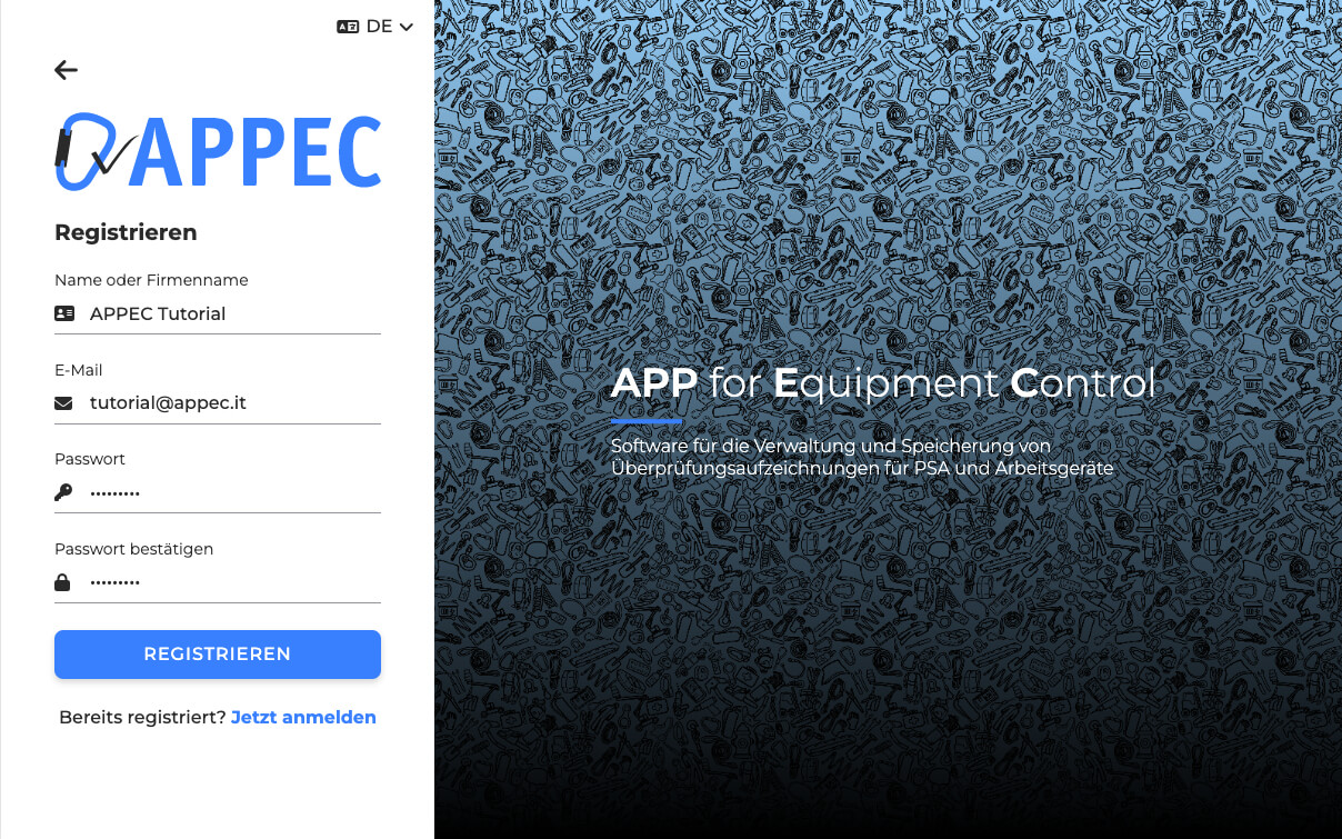 APPEC Anleitung Registrierung